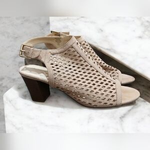 Liz Claiborne Lattice Peep Toe Sling Back Sandal Booties Womans Tan 10 Cutout